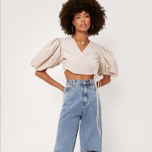 Puff Sleeve Linen Look Wrap Blouse